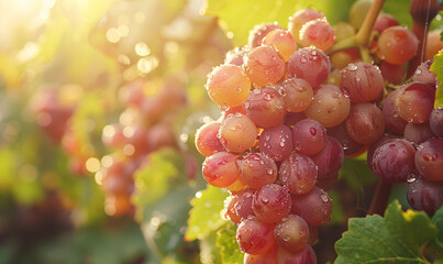 Fresh Red Grapes on the Vine with Morning Dew and Sunlight
