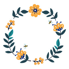 Simple and elegant floral wreath with yellow and blue flowers, leaves and bees in a modern flat design. Perfect for invitations, greeting cards, logos and decorative prints