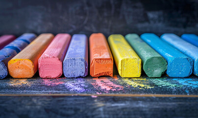 Colorful Chalk Sticks Arranged on a Black Chalkboard