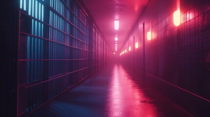 Fototapeta premium Neon Prison Corridor: A Cyberpunk Vision