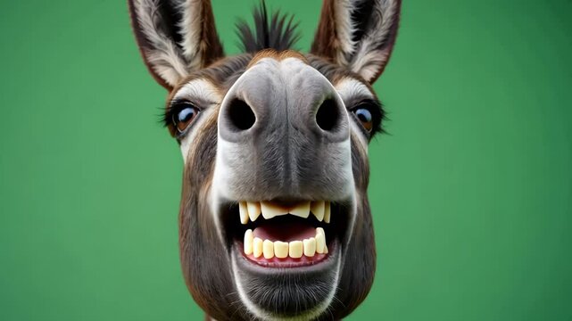 Close-up of a donkey making a funny face with teeth showing and playful expression  