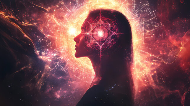 Divine feminine archetype radiating sacred geometry cosmic background ethereal glow spiritual symbolism. rainspire. illustration. Cosmic Glow. Illustration