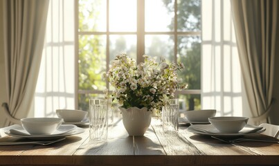 Elegant dining room setup with a rustic wooden table, white ceramic plates, and a centerpiece of fresh flowers, soft natural light streaming through large windows,