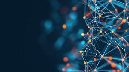 Connecting digital networks abstract representation of data points and scientific interfaces with blue and orange nodes on a dark background