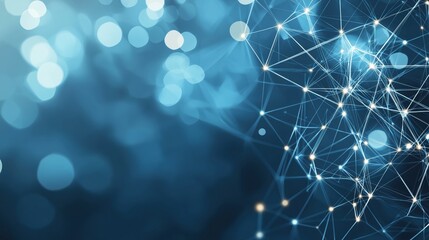 Abstract technology background with glowing network connections and soft blue bokeh lights creating a modern digital atmosphere