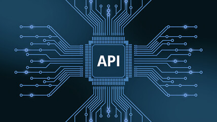API Technology & Digital Connectivity, Blue Circuit Board with API Chip,  api web, api interface, api isometric, ai, api cloud, API security, API management, API connectivity, API integration