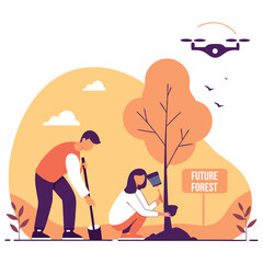 
Volunteers planting trees for a future forest vector illustration. representing environmental conservation and teamwork.
