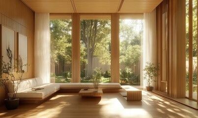 Fototapeta premium Elegant modern living room with light wood paneling, sleek furniture, and natural light streaming through large windows creating a tranquil and inviting interior,