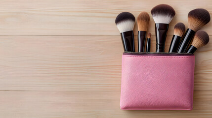 Various Makeup Brushes in Pink Case on Light Wooden Table Beauty Essentials