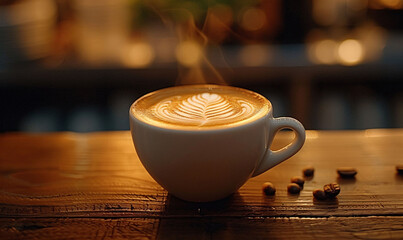 Steaming Latte Coffee with Beautiful Foam Art