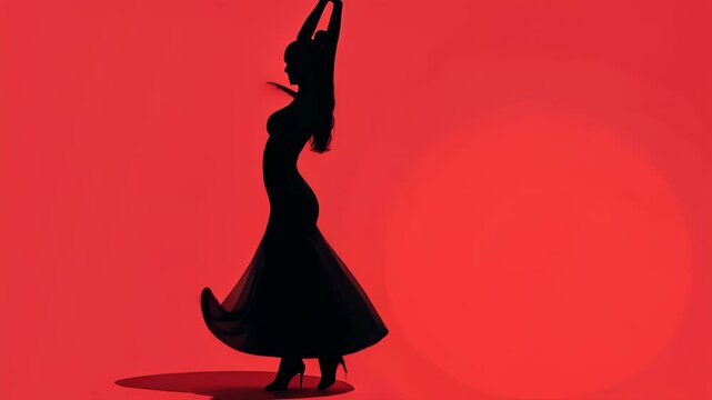 Striking silhouette of a woman passionately dancing flamenco on a vibrant red background.
