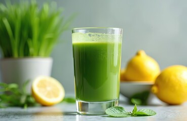 Fototapeta premium Fresh green barley grass juice in glass with lemon. Homegrown barley blades in pot. Healthy raw drink with vitamins, minerals, chlorophyll. Detox beverage for wellness, alternative medicine, dieting.