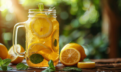 Refreshing Lemonade with Lemon Slices and Mint in Glass Jar