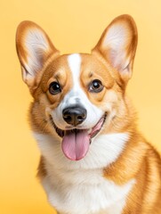 Corgi dog sitting on a surface with their mouth slightly open and tongue out, looking into the camera.