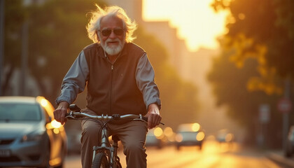 Elderly man cycling at sunset in the city. AI image