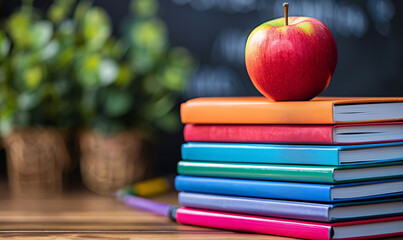 Stack of Colorful Textbooks with an Apple on Top