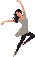 Obraz premium A graceful dancer leaping in mid-air wearing a simple grey dress and black leggings, showcasing movement in a dynamic flat vector illustration