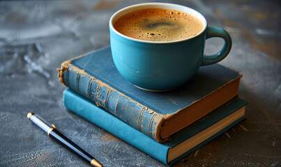 Cozy Study Scene with Coffee Cup on Stack of Books