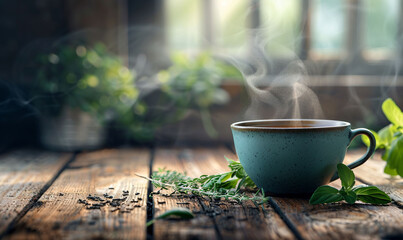 Steaming Cup of Herbal Tea with Fresh Basil on Rustic Wooden Table