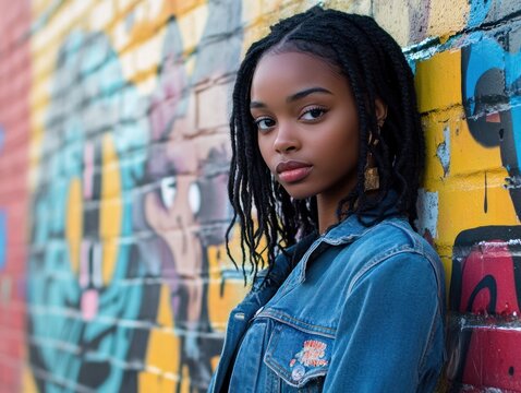 Woman, denim jacket, urban wall, graffiti, portrait