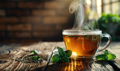 Steaming Cup of Herbal Tea with Fresh Mint on Rustic Wooden Table