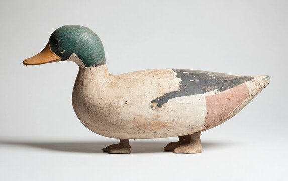 Weathered Wooden Duck Decoy with Teal Head