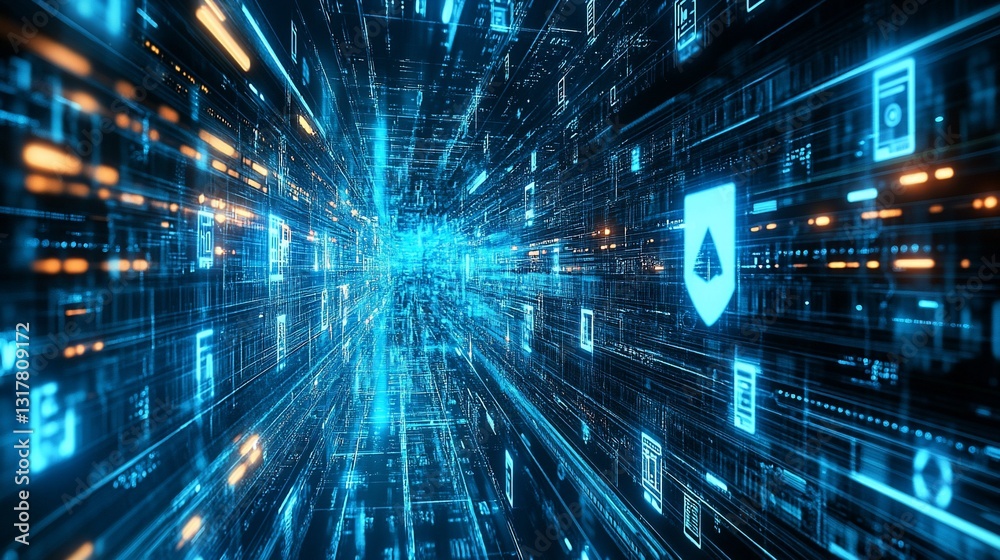 Poster digital security shield in a cyber data stream tunnel abstract illustration of data protection and n