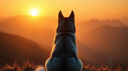The dog watching sunset over mountains. AI image