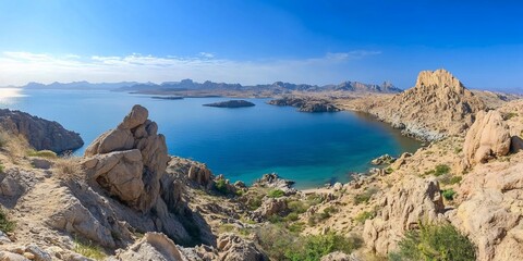 Rocky coast, clear bay, sunny day, island background