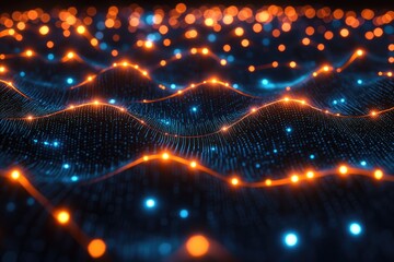Obraz premium Abstract digital graphic design, glowing orange and blue particles forming wavy patterns on a dark background