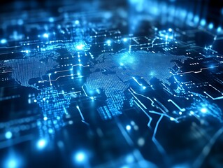 An illuminated digital world map integrated into a circuit board