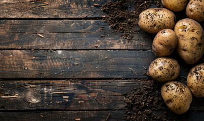 Freshly harvested potatoes with soil on a wooden background