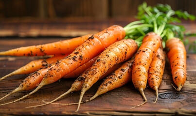 Freshly harvested carrots with soil on a rustic wooden table