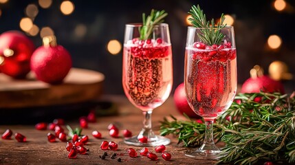 Pomegranate and fruit infused champaign drink mix with rosemary garnish perfect for a Christmas sparkling juice cocktail background.