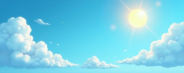 Simple cartoon sun and clouds in clear blue sky, clear, weather, cartoon