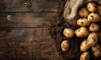 Rustic arrangement of freshly harvested potatoes with soil