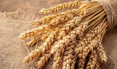 Golden wheat ears tied in a bundle on a burlap sack