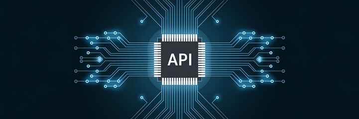 Fototapeta premium API Technology & Digital Connectivity, Blue Circuit Board with API Chip, api web, api interface, api isometric, ai, api cloud, API security, API management, API connectivity, API integration