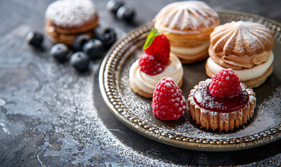 Elegant French pastries with berries and powdered sugar