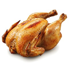 Deliciously roasted whole chicken garnished with spices and served on a white background for feast