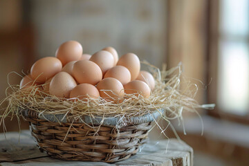 Farm-fresh eggs in a rustic woven basket with straw, natural light setting