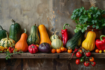 Rustic display of assorted autumn vegetables including squash, pumpkins, and tomatoes