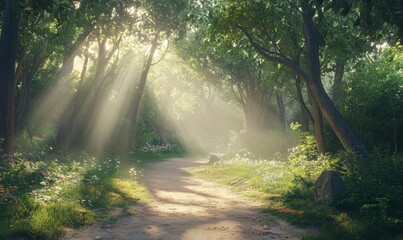Fototapeta premium Serene forest pathway illuminated by dappled sunlight streaming through tall trees, creating a tranquil and inviting natural scene