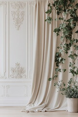 Minimalist living room with vintage wooden frames, climbing ivy, and soft curtains. Scandinavian decor, white walls, cozy home, indoor plants aesthetic.

