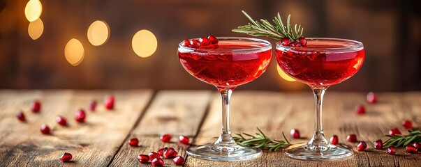 Pomegranate and rosemary infused sparkling champaign juice drink perfect for christmas cocktails featuring fresh fruit background.