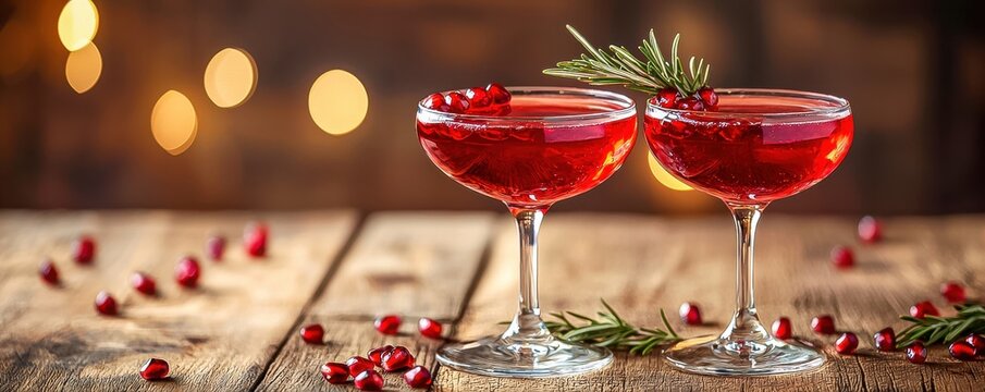 Pomegranate and rosemary infused sparkling champaign juice drink perfect for christmas cocktails featuring fresh fruit background.