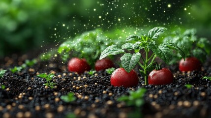 Vibrant tomato plants growing in rich soil, surrounded by lush greenery and sparkling light effects