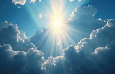 Heavenly radiant sunlight beams through cloudscape on blue sky. God light symbolizes divine presence, love, truth, spiritual illumination, blessing world. Inspirational faith hope, grace background.