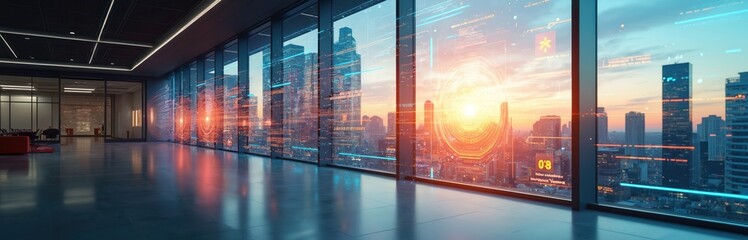 Modern office interior digital integration overlooking city skyline sunset. Futuristic technology overlay enhances business setting. Innovation, strategy, cyberspace, networking, efficiency key