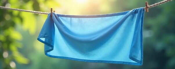 Soft blue cloth hanging gracefully in natural light, tranquil, peaceful, drape